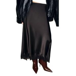 Zara Women's Small Black Satin Effect Lace Trim Mid-Rise Midi Skirt